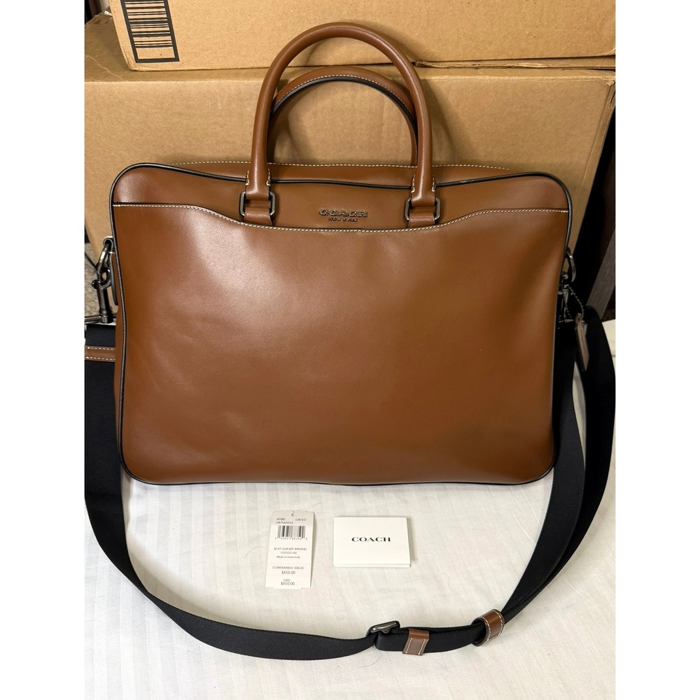 Coach Beckett Slim Brief Saddle Brown Leather Laptop Bag 4186 QB/SD Mens
